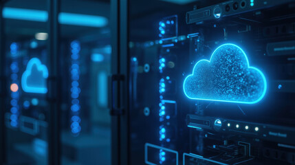 Poster - futuristic data center with glowing cloud symbols, representing cloud computing technology and digital storage solutions