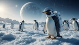 A lone penguin astronaut bravely journeys across a snowy alien landscape under a vast, starry sky, with a majestic moon and other penguins in the distance.