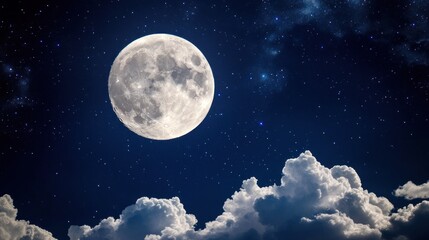 Naklejka na meble Full moon shining brightly in a night sky filled with stars and clouds.