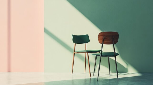 A creative and minimalist advertisement showcasing green dining chairs with blank text areas, perfect for online store branding. Features metal and wooden leg styles.
