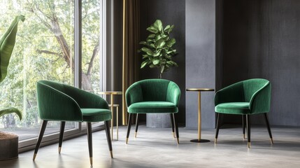 Poster - A dynamic online store promotional image with a collage of green chairs, showcasing different leg styles and blank text placeholders in black, white, and gold.