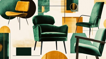Leinwandbilder - A graphic design poster highlighting a variety of modern green chairs, arranged in a collage with empty text areas in contrasting black, white, and gold fonts