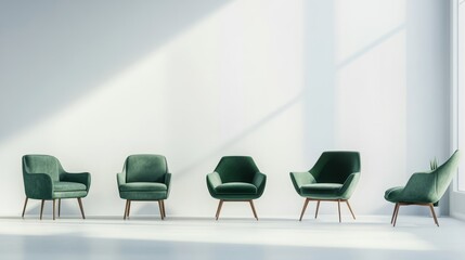 Poster - A modern graphic design poster for an online furniture shop, displaying a variety of green chairs with blank text areas in stylish font colors