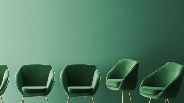 A modern graphic design poster for an online furniture shop, displaying a variety of green chairs with blank text areas in stylish font colors