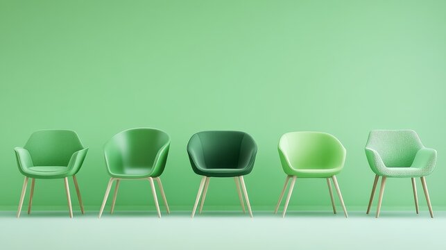 A modern graphic design poster for an online furniture shop, displaying a variety of green chairs with blank text areas in stylish font colors