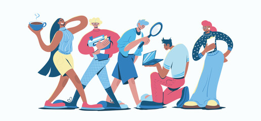 Fototapete - Time management concept in cartoon web design. People working in team with checklist, doing paperwork and tasks at laptop, taking coffee break. Flat vector illustration isolated on white background.