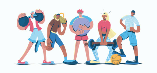 Poster - Fitness concept in cartoon web design. People training with barbells, exercising with fit ball, playing basketball game, doing workout at gym. Flat vector illustration isolated on white background.