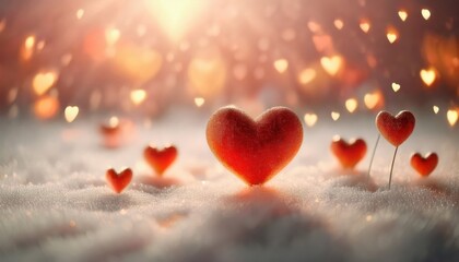 Poster - romantic red heart on sparkling snow with golden bokeh lights, soft dreamy atmosphere, love and valentine's day concept

