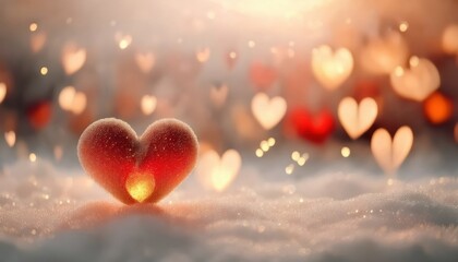 Poster - romantic red heart on sparkling snow with golden bokeh lights, soft dreamy atmosphere, love and valentine's day concept

