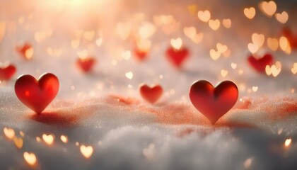 Poster - romantic red heart on sparkling snow with golden bokeh lights, soft dreamy atmosphere, love and valentine's day concept

