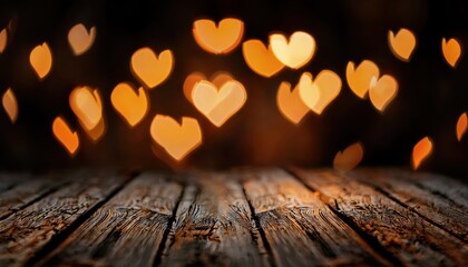 Poster - rustic wooden table with heart-shaped golden bokeh lights in the background, romantic blur effect, warm glowing ambiance

