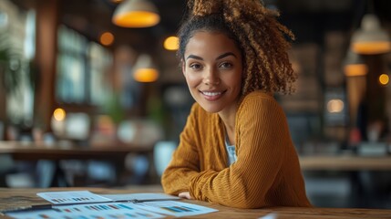 Poster - woman sitting at table with laptop open engaged in work reflecting the modern professional lifestyle