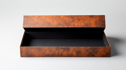 Aufkleber - Empty brown rectangular box with a textured lid slightly ajar on a white background.