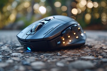 Poster - A black computer mouse with many buttons and a scroll wheel