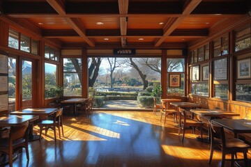 Poster - A bright wooden interior featuring tables and chairs with an outside view
