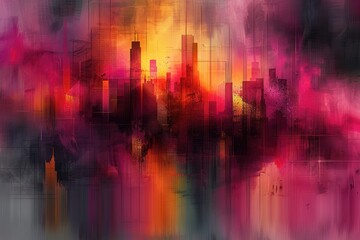 Poster - Abstract depiction showing a colorful artistic cityscape skyline