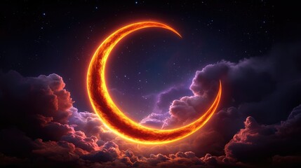 Poster - Celestial phenomenon fiery crescent moon illuminates night sky ethereal clouds digital art mystical atmosphere