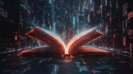 Fototapete - Glowing digital book open in futuristic data space.