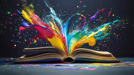 Poster - Colorful paint explodes from an open book, symbolizing creativity and imagination.