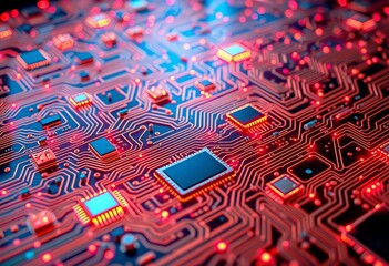 Poster - Side view of holographic circuit maze with microchips, data flow visualized; sci-fi aesthetic, stream, purple