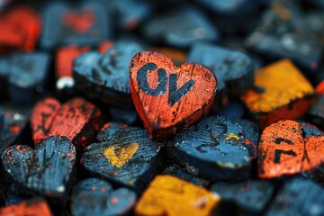 Poster - A close up of painted heart shaped blocks in different colors