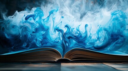 Poster - Open book with blue smoke or paint swirling from its pages, suggesting imagination, fantasy, or knowledge.