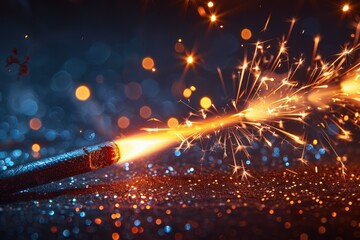 Poster - A close up view shows a sparking lit firework