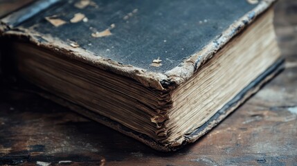 Aufkleber - Close-up of an antique book with worn cover and aged pages resting on a wooden surface.