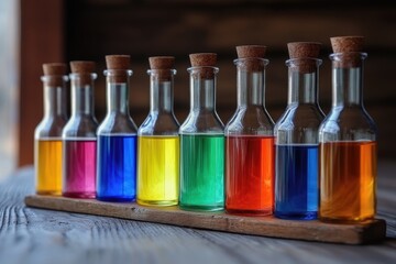 Poster - A collection of colorful bottles arranged on a wooden tray