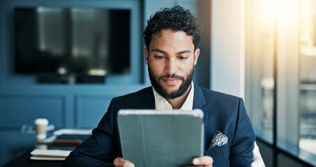 Fototapete - Serious, online and man with tablet, business and checking stock market on web, review and digital. Office, sales manager and person with tech for industry trends, reading and performance of company