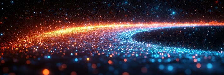 Poster - The concept of AI technology encompasses data flow, informational infinity, and digital communication, including 5G and science, represented by wavy lines and a 3D illustration of a big data digital