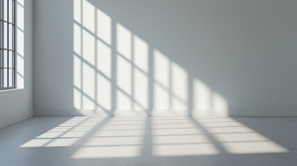 Aufkleber - Sunlight streams through a window sun, casting shadows across a room white minimalist featuring copy space for text