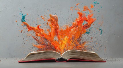 Poster - Open book with vibrant paint explosion. Creative abstract image. Possible use for education, learning, or creativity stock