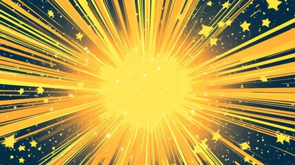 Poster - Bright yellow explosion with radiating lines and stars on dark background.
