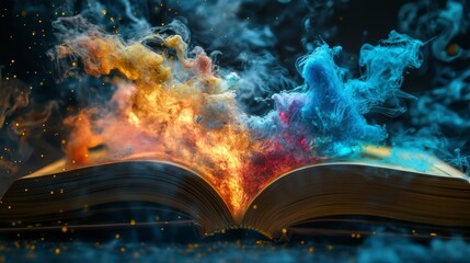 Poster - Open book with colorful smoke and sparks emanating from its pages, suggesting magic or fantasy.