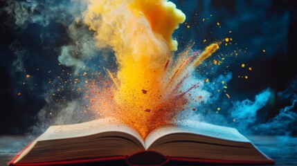 Poster - Colorful explosion erupting from an open book on a dark background.