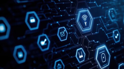 Poster - Abstract AI Powered Cyber Defense Concept with Digital Icons and Connections in Technology Background