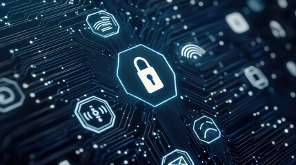 Poster - Advanced AI Powered Cyber Defense Concept Close Up with Digital Lock and Technology Symbols