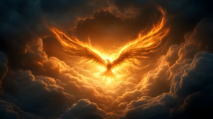 Wall Mural - a glowing firebird soaring through a dark stormy sky, leaving a blazing trail behind