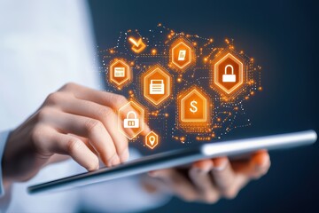 Poster - Close-Up of Hand Using Banking App with Payment Concept Icons on Digital Screen