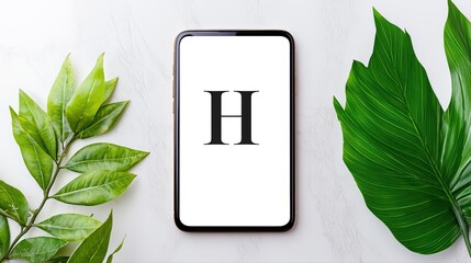 Poster - Modern Banking Concept with Smartphone and Green Leaves on Marble Background