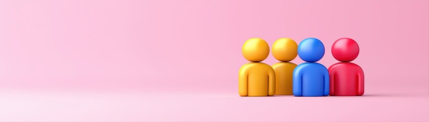 Poster - Colorful Toy Figures Representing Teamwork and Growth in Business Concept on Pink Background