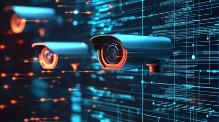 Poster - Close-Up Concept of Digital Espionage with Hacker Surveillance Cameras and Code Background