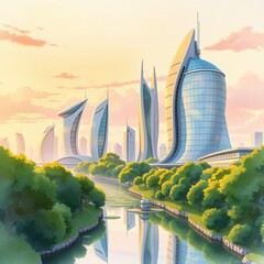 Wall Mural - Futuristic cityscape with shimmering skyscrapers and lush greenery