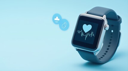 Poster - Close-Up of Smartwatch Displaying Heart Rate and Health Monitoring Concept on Blue Background