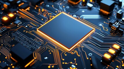 Poster - High-Tech Close-Up of a Motherboard Circuitry with Vibrant Orange Accents on Dark Background