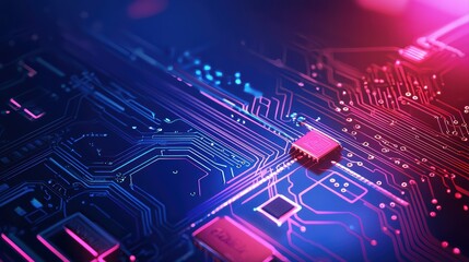Poster - Close-Up View of a High-Tech Motherboard with Vibrant LED Lighting and Complex Circuit Patterns
