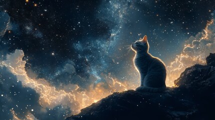 Poster - A grey cat sits on a rock, gazing at a vibrant starry night sky filled with clouds and nebulae.