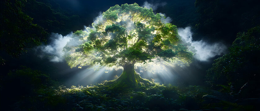 Luminous Green Tree at Night in a Dark Forest