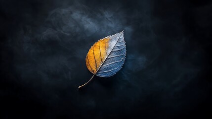 Poster - A single leaf, half-toned in autumnal hues, rests on a dark, smoky backdrop
